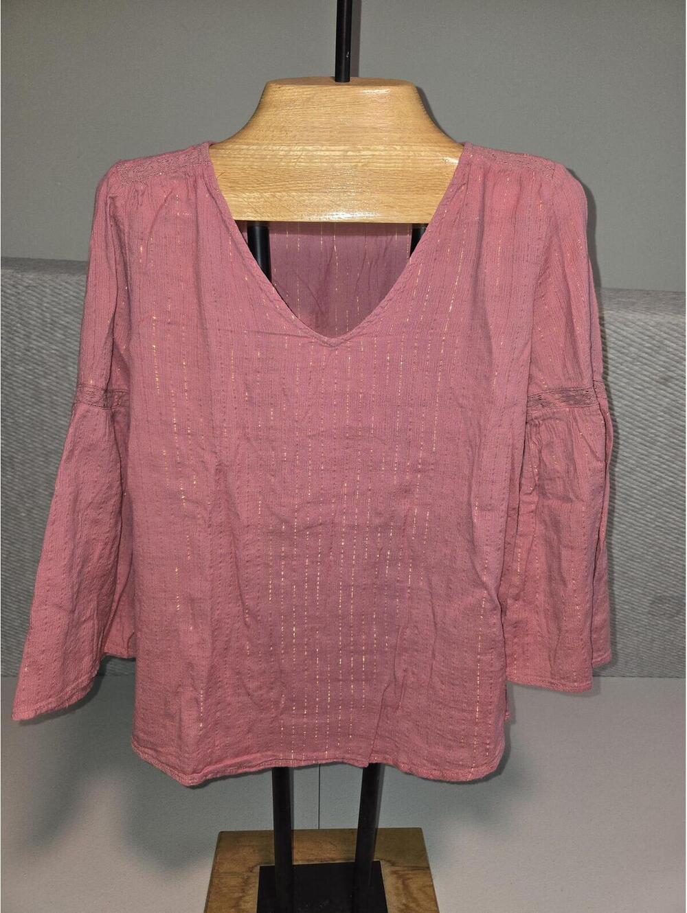 Pink Long Sleeve Blouse with Subtle Metallic Thread Detail